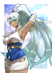 Rule 34 | 1girl, absurdres, armpits, arms behind back, blue eyes, blue hair, border, breasts, cleavage cutout, closed mouth, clothing cutout, dark-skinned female, dark skin, dress, elbow gloves, forehead jewel, gloves, highres, large breasts, long hair, looking at viewer, minagi (user uvxz2337), perun (xenoblade), ponytail, sleeveless, sleeveless dress, smile, solo, underboob, very long hair, white border, white dress, white gloves, xenoblade chronicles (series), xenoblade chronicles 2