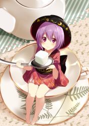 Rule 34 | 1girl, bare legs, barefoot, blush, bowl, bowl hat, cup, fujishiro emyu, hat, in container, in cup, japanese clothes, mini person, minigirl, purple eyes, purple hair, saucer, short hair, sitting, smile, solo, spoon, sugar cube, sukuna shinmyoumaru, teacup, teapot, touhou