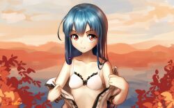 Rule 34 | 1girl, autumn, bare arms, bare shoulders, blue hair, blue sky, bra, brown eyes, center frills, closed mouth, cloud, collarbone, commentary request, eyelashes, frilled bra, frills, hinanawi tenshi, light blush, long hair, mountainous horizon, open clothes, open shirt, outdoors, red pupils, ribs, shirt, sky, smile, solo, touhou, underwear, undressing, upper body, welt (kinsei koutenkyoku), white bra, white shirt