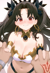 Rule 34 | 1girl, 95---, absurdres, alternate breast size, armlet, bare shoulders, bikini, black hair, black panties, black sleeves, blush, breasts, cleavage, closed mouth, command spell, detached sleeves, earrings, embarrassed, fate/grand order, fate (series), highres, holding hands, hoop earrings, ishtar (fate), jewelry, large breasts, long hair, looking at viewer, mismatched bikini, navel, panties, parted bangs, pov, pov hands, red eyes, single detached sleeve, stomach, swimsuit, tiara, twintails, two side up, underwear