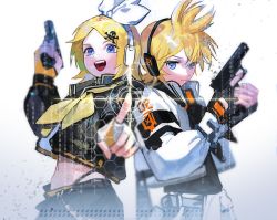 Rule 34 | 1boy, 1girl, :d, against fourth wall, binary, black gloves, blonde hair, blue eyes, blue jacket, closed mouth, dotori (seulseul), finger on trigger, fingerless gloves, gloves, gun, hair ornament, hairclip, hand up, handgun, headphones, highres, holding, holding gun, holding weapon, honeycomb (pattern), jacket, kagamine len, kagamine rin, long sleeves, looking at viewer, midriff, neckerchief, open mouth, outstretched arm, panty straps, pointing, pointing at viewer, ponytail, popped collar, pressing, reaching, reaching towards viewer, short hair, skull and crossbones, skull hair ornament, smile, target, touchscreen, upper body, vocaloid, weapon, white background, yellow gloves, yellow neckerchief