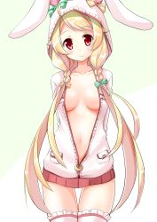 Rule 34 | 1girl, absurdres, animal hood, arms behind back, blonde hair, bow, braid, breasts, cowboy shot, flower knight girl, green background, hair bow, highres, hood, hoodie, jacket, long hair, medium breasts, quel, rabbit hood, red eyes, smile, solo, susuki (flower knight girl), thigh gap, thighhighs, twin braids, white jacket, white thighhighs