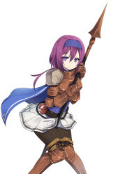 Rule 34 | 1girl, armor, armored boots, belt, boots, brown footwear, cape, cross-laced footwear, dungeons &amp; princess, hairband, lace-up boots, pantyhose, polearm, pouch, purple eyes, purple hair, skirt, solo, spear, thigh boots, thighhighs, torimaru, weapon