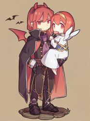 Rule 34 | 1boy, 1girl, alternate costume, armor, ascot, bat (animal), bat wings, black cape, black footwear, brother and sister, brown background, candy, cape, carrying, carrying person, closed mouth, commentary, eating, fake horns, fake wings, fire emblem, fire emblem: mystery of the emblem, food, full body, greaves, haconeri, hairband, hand on own hip, holding, holding candy, holding food, holding lollipop, horns, lollipop, maria (fire emblem), michalis (fire emblem), nintendo, purple ascot, red cape, red eyes, short hair, siblings, simple background, standing, symbol-only commentary, two-sided cape, two-sided fabric, two-tone cape, v-shaped eyebrows, white trim, wings, yellow hairband