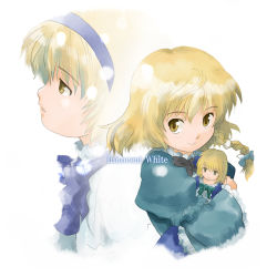 Rule 34 | 2girls, alice margatroid, alternate costume, blonde hair, bow, braid, closed mouth, doll, eyebrows, female focus, frilled sleeves, frills, green bow, hair bow, hairband, haniwa, haniwa (leaf garden), hug, kirisame marisa, layered sleeves, long sleeves, looking at viewer, multiple girls, no headwear, no pupils, parted lips, profile, projected inset, short hair, short over long sleeves, short sleeves, single braid, smile, text focus, touhou, white background, yellow eyes