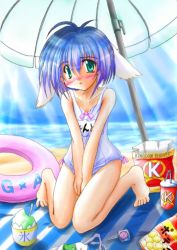 Rule 34 | 00s, 1girl, alternate eye color, animal ears, beach, blue hair, blush, candy, character name, chips (food), fast food, food, galaxy angel, green eyes, innertube, kneeling, lollipop, mint blancmanche, ocean, one-piece swimsuit, outdoors, potato chips, shaved ice, short hair, solo, swim ring, swimsuit, v arms