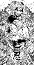 Rule 34 | 1boy, absurdres, building, forehead protector, full body, greyscale, headband, highres, jumpsuit, konohagakure symbol, long sleeves, looking at viewer, male focus, monochrome, mountain, mouth hold, my nameisyoon, naruto, naruto (series), outdoors, pouch, sandals, scroll, short hair, solo, squatting, statue, thigh pouch, uzumaki naruto, v-shaped eyebrows