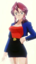 Rule 34 | 1girl, alternate color, belt, black skirt, blue eyes, breasts, cleavage, clenched hand, creatures (company), elite four, female focus, game freak, glasses, hair ornament, hand on own hip, jacket, large breasts, legs, legs together, long hair, looking at viewer, lorelei (pokemon), nintendo, pencil skirt, poke ball hair ornament, pokemon, pokemon (anime), ponytail, purple hair, screencap, skirt, smile, solo, standing, stitched, strapless, third-party edit