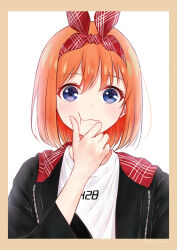 Rule 34 | 1girl, :3, :t, alternate color, alternate costume, black hoodie, blue eyes, closed mouth, clothes writing, commentary request, double-parted bangs, eyelashes, finger to cheek, framed, go-toubun no hanayome, hair between eyes, hair ribbon, hand to own mouth, hand up, highres, hood, hood down, hoodie, light blush, long sleeves, looking at viewer, medium hair, nakano yotsuba, open clothes, open hoodie, orange hair, partial commentary, plaid, plaid ribbon, red ribbon, ribbon, shirt, simple background, smile, solo, straight-on, straight hair, ten@ (tenatdam), upper body, white background, white shirt, wide-eyed, wide sleeves