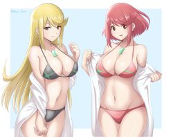 Rule 34 | 2girls, bikini, blonde hair, breasts, chest jewel, embarrassed, highres, large breasts, long hair, multiple girls, mythra (xenoblade), pyra (xenoblade), red eyes, red hair, ryochan96154, short hair, swept bangs, swimsuit, very long hair, xenoblade chronicles (series), xenoblade chronicles 2, yellow eyes
