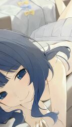 1girl black_hair blue_eyes blush feet_out_of_frame grey_panties grey_skirt head_rest highres hiroki_(yyqw7151) looking_at_viewer lying make_heroine_ga_oo_sugiru! on_stomach panties pleated_skirt skirt smile solo topless underwear unworn_shirt yanami_anna