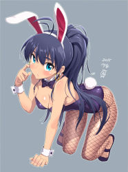 Rule 34 | 1girl, all fours, animal ears, antenna hair, bare shoulders, black hair, blue eyes, blush, bow, bowtie, breasts, cleavage, detached collar, earrings, fake animal ears, fishnet pantyhose, fishnets, ganaha hibiki, idolmaster, idolmaster (classic), jewelry, leotard, long hair, looking at viewer, mofu (mof swimradio), open mouth, pantyhose, playboy bunny, ponytail, rabbit ears, rabbit tail, solo, tail, wrist cuffs