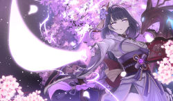 Rule 34 | 1girl, braid, cherry blossoms, edelweiss (wsparkz), electricity, genshin impact, highres, holding, holding sword, holding weapon, japanese clothes, kimono, looking at viewer, mole, mole under eye, purple eyes, purple hair, purple kimono, raiden shogun, solo, sword, weapon