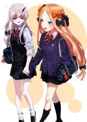 Rule 34 | 2girls, abigail williams (fate), bag, bags under eyes, black bow, blonde hair, blue eyes, bow, cardigan, fate/grand order, fate (series), hair bow, highres, holding hands, horns, lavinia whateley (fate), long hair, multiple girls, multiple hair bows, open mouth, orange bow, parted bangs, pleated skirt, polka dot, polka dot bow, purple bow, school bag, school uniform, single horn, skirt, sleeves rolled up, very long hair, yomosaka