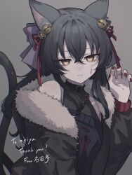 Rule 34 | 1girl, akahito (akaironotanin), animal ears, artist name, bare shoulders, bell, black hair, black jacket, cat ears, cat girl, cat tail, closed mouth, commission, grey background, hair ornament, highres, indie virtual youtuber, jacket, looking at viewer, medium hair, meiya (vtuber), nail polish, pink ribbon, ribbon, signature, simple background, skeb commission, sleeveless, solo, tail, thank you, virtual youtuber, yellow eyes