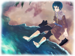 Rule 34 | 1boy, acolyte (ragnarok online), bandaid, bandaid on leg, beach, black footwear, black pants, blue hair, cassock, closed mouth, commentary request, full body, koshou (maayan), long sleeves, male focus, no gloves, palm tree, pants, ragnarok online, red eyes, sand, shoes, unworn shoes, short hair, sitting, smile, solo, tree, wading, water