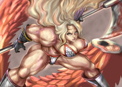 Rule 34 | 1girl, amazon (dragon&#039;s crown), amazon warrior, angry, armor, axe, battle, bikini, bikini armor, blonde hair, breasts, circlet, decapitation, dragon, dragon&#039;s crown, feathers, female focus, hanging breasts, muscular, muscular female, revealing clothes, scales, shibusun, solo, swimsuit, bouncing breasts, vanillaware, veins, weapon