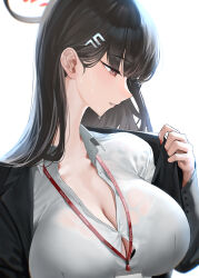 Rule 34 | 1girl, absurdres, black hair, black jacket, blazer, blue archive, blush, breasts, cleavage, fingernails, halo, highres, jacket, kazane-wind, lanyard, large breasts, looking down, nail polish, office lady, open collar, profile, red eyes, rio (blue archive), shirt, simple background, solo, sweat, sweaty clothes, upper body, white background, white shirt