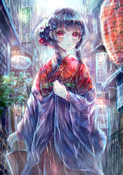 Rule 34 | 1girl, absurdres, black hair, building, city, closed umbrella, coat, commentary request, cowboy shot, day, floral print, from side, hair up, highres, holding, holding clothes, holding coat, holding umbrella, japanese clothes, kimono, lantern, looking at viewer, obi, off shoulder, oil-paper umbrella, original, outdoors, paper lantern, parted lips, plant, rain, red eyes, red kimono, sash, sidelocks, solo, standing, suzushina, tears, umbrella, wet, wet clothes, wet hair