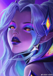 Rule 34 | 1girl, absurdres, artist name, black lips, black sclera, blue eyeshadow, close-up, colored sclera, earrings, eyelashes, eyeshadow, fangs, highres, jewelry, league of legends, lipstick, long hair, looking at viewer, makeup, morgana (league of legends), official alternate costume, official alternate hairstyle, open mouth, parted bangs, pointy ears, portrait, sidelocks, simple background, solo, star guardian (league of legends), star nemesis morgana, tainjinvivo, teeth, upper teeth only, white hair, yellow eyes