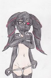 Rule 34 | 1girl, alien, battleborn, crossed arms, extra arms, female focus, orendi (battleborn), panties, simple background, solo, traditional media, twintails, underwear, undressing, white background