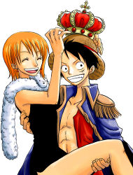 Rule 34 | 1boy, 1girl, abs, bad id, bad pixiv id, black dress, black hair, carrying, closed eyes, couple, crown, dress, earrings, epaulettes, fur, grin, hat, jewelry, lowres, monkey d. luffy, muscular, nami (one piece), one piece, open clothes, open shirt, orange hair, princess carry, scar, scarf, shirt, short hair, simple background, smile, straw hat, white background