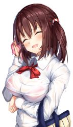 Rule 34 | 1girl, :d, ^ ^, arm up, blush, bow, bra, bra visible through clothes, breast hold, breasts, brown hair, closed eyes, collared shirt, commentary request, ebina nana, facing viewer, hair between eyes, hair ornament, head tilt, highres, himouto! umaru-chan, holding, large breasts, long hair, open mouth, pink bra, red bow, see-through, shiero., shirt, simple background, smile, solo, two side up, underwear, upper body, wet, wet clothes, wet shirt, white background, white shirt