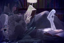 Rule 34 | 1boy, 1girl, black hair, blue eyes, book, closed mouth, creature, dim lighting, dress, fon-due (fonfon), gloves, holding, holding book, keele zeibel, library, light particles, long hair, looking at another, lying, meredy (tales), on floor, open book, pantyhose, ponytail, purple hair, quickie (tales), reading, robe, smile, tales of (series), tales of eternia, twintails