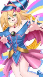 1girl absurdres blonde_hair blush breasts cape card_game cleavage collarbone dark_magician_girl duel_monster fingerless_gloves gloves green_eyes hat highres jewelry large_breasts looking_at_viewer necklace open_mouth pink_cape pink_skirt reaching reaching_towards_viewer shiroue_tomari simple_background skirt smile solo teeth thighs upper_teeth_only white_background witch_hat yu-gi-oh!