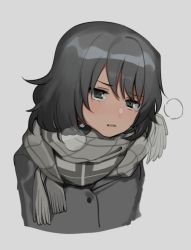 Rule 34 | 1girl, andou (girls und panzer), black eyes, black hair, blush, brown eyes, coat, commentary, cropped torso, dark-skinned female, dark skin, fringe trim, frown, girls und panzer, grey background, grey coat, grey scarf, head tilt, looking at viewer, medium hair, messy hair, open mouth, plaid, plaid scarf, portrait, scarf, simple background, solo, tan (inka), winter clothes