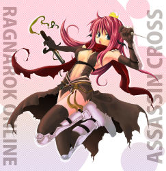 Rule 34 | 1girl, animal, animal on head, armor, armored boots, armpits, assassin cross (ragnarok online), bat wings, bird, bird on head, black cape, black gloves, black legwear, black leotard, black wings, boots, breasts, cape, character name, chick, commentary request, copyright name, dagger, elbow gloves, full body, gloves, green eyes, hair between eyes, head wings, high heel boots, high heels, holding, holding dagger, holding knife, holding weapon, ice pick, jumping, kainohito, knife, leotard, long hair, looking to the side, medium breasts, navel, on head, open mouth, pauldrons, pink hair, ragnarok online, red scarf, revealing clothes, reverse grip, scarf, shoulder armor, solo, torn cape, torn clothes, torn scarf, vambraces, waist cape, weapon, wings