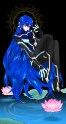 Rule 34 | 0 0c0ff, 1boy, absurdres, androgynous, asymmetrical bangs, big hair, black bodysuit, blue bodysuit, blue hair, bodysuit, commentary request, dripping, eyelashes, eyeshadow, flower, full body, halo, hand up, highres, invisible chair, leaning back, legs, lily (flower), lily pad, long hair, long legs, looking at viewer, makeup, male focus, mixed-language commentary, nahobino, ok sign, open mouth, protagonist (smtv), shadow, shin megami tensei, shin megami tensei v, single sidelock, sitting, solo, thighs, very long hair, wet, wet hair, yellow eyes