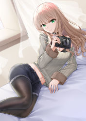 Rule 34 | 1girl, absurdres, ankh necklace, azur lane, bare shoulders, black bra, black pantyhose, bra, breasts, brown hair, camera, chinese commentary, cleavage, closed mouth, commentary request, cowboy shot, curtains, day, fur-trimmed sleeves, fur trim, glint, green eyes, grey sweater, gridman universe, groin, highres, holding, holding camera, indoors, jewelry, long hair, long sleeves, looking at viewer, lying, medium breasts, midriff, minami yume, minami yume (a dream upon an open windowsill), navel, necklace, off-shoulder sweater, off shoulder, official alternate costume, on bed, on side, pantyhose, partial commentary, pillow, ribbed sweater, shadow, short shorts, shorts, sidelocks, smile, solo, sorayo noriyuki, ssss.dynazenon, sweater, underwear, windowsill
