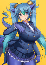 Rule 34 | 1girl, :p, blue eyes, blue gloves, blue hair, blue jacket, blue pantyhose, blue shirt, blue skirt, blue suit, breast pocket, breasts, buttons, collared shirt, dragon tail, formal, gloves, hair between eyes, highres, jacket, kemono friends, large breasts, light blue hair, long hair, morimasakazu, necktie, pantyhose, pleated skirt, pocket, seiryuu (kemono friends), shirt, simple background, skirt, solo, suit, tail, tongue, tongue out, twintails, very long hair, white necktie, yellow background