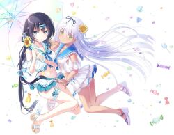 Rule 34 | 2girls, aqua ribbon, aqua skirt, bare legs, black hair, blue eyes, blue ribbon, blue sailor collar, blush, breasts, candy, closed mouth, collarbone, comiket 96, commentary request, cover, crop top, crop top overhang, flower, food, frilled bracelet, full body, green eyes, hair between eyes, hair flower, hair ornament, hair ribbon, hairclip, hand up, hands up, heart, holding, holding umbrella, humuyun, kneeling, long hair, looking at viewer, midriff, miniskirt, multiple girls, na-ga, navel, original, panties, parted lips, ribbon, sailor collar, skirt, small breasts, stomach, sunflower, sunflower hair ornament, thigh strap, thighs, transparent, transparent umbrella, umbrella, underwear, very long hair, white background, white footwear, white hair, white panties, white sailor collar, white skirt