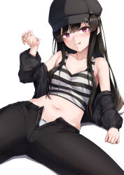 Rule 34 | 1girl, :p, absurdres, baseball cap, black hair, black hat, black pants, blush, breasts, commentary request, commission, crop top, hat, henria, highres, long hair, navel, open fly, panties, pants, purple eyes, skeb commission, small breasts, solo, striped tank top, tank top, tongue, tongue out, underwear, vrchat, white panties