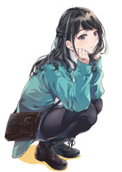 Rule 34 | 1girl, bag, black eyes, black footwear, black hair, black pantyhose, blue shorts, boots, braid, cardigan, carrying, closed mouth, commentary request, cross-laced footwear, crown braid, fukuyama satoshi, green cardigan, handbag, head rest, highres, pantyhose under shorts, long sleeves, looking at viewer, mole, mole under mouth, original, pantyhose, short shorts, shorts, simple background, smile, solo, squatting, sweater, turtleneck, white background, white sweater