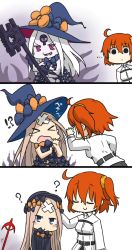 Rule 34 | !?, 2girls, 3koma, :d, ?, ??, abigail williams (fate), abigail williams (second ascension) (fate), abigail williams (third ascension) (fate), ahoge, bandaid, bandaid on face, bandaid on forehead, c:, colored skin, comic, commentary request, crossed bandaids, dark persona, fate/grand order, fate (series), fujimaru ritsuka (female), grin, hamu koutarou, hat, headpat, highres, holding, key, keyhole, long hair, multiple girls, one side up, open mouth, orange hair, purple eyes, short hair, silent comic, smile, staff, third eye, translation request, white hair, white skin, witch hat