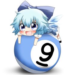 Rule 34 | 1girl, bad id, bad pixiv id, ball, billiard ball, billiards, blue dress, blue eyes, blue hair, blush, bow, chibi, circled 9, cirno, dress, hair bow, lying, matching hair/eyes, on stomach, open mouth, rebecca (keinelove), short hair, simple background, smile, solo, touhou, white background, wings