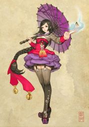 Rule 34 | 1girl, age of storm, bell, black hair, black thighhighs, breasts, floral print, garter belt, garter straps, hair ribbon, korean clothes, nayoung wooh, oil-paper umbrella, paper seal, pointy footwear, print thighhighs, ribbon, solo, thighhighs, umbrella
