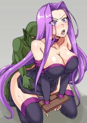 Rule 34 | 1boy, 1girl, bare shoulders, black thighhighs, blush, bound, bound arms, breasts, cleavage, collar, elbow gloves, fate/stay night, fate (series), forehead, gloves, goblin, goblin male, kneeling, large breasts, long hair, matching hair/eyes, medusa (fate), medusa (rider) (fate), mimuni362, no panties, open mouth, purple eyes, purple hair, rape, sex, shiny skin, simple background, sleeveless, solo focus, square pupils, sweat, thighhighs, very long hair