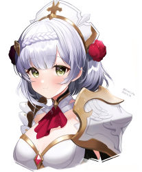 Rule 34 | 1girl, armor, armored dress, braid, braided bangs, breasts, cleavage, closed mouth, flower, genshin impact, green eyes, hair flower, hair ornament, headpiece, highres, large breasts, looking at viewer, maid, maid headdress, noelle (genshin impact), pauldrons, pomu (pomu me), red flower, red rose, red skirt, rose, short hair, shoulder armor, silver hair, skirt, smile