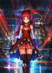 Rule 34 | 10s, 1girl, bare shoulders, blush, boots, bow, brown thighhighs, building, city lights, cleavage cutout, clothing cutout, detached sleeves, dress, grin, hair bow, knee boots, lm7 (op-center), long hair, looking at viewer, magical girl, mahou shoujo madoka magica, mahou shoujo madoka magica (anime), night, polearm, ponytail, red dress, red eyes, red hair, sakura kyoko, skirt, skyscraper, smile, solo, spear, thighhighs, walking, weapon, zettai ryouiki