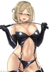 Rule 34 | 1girl, 2020, alternate costume, black gloves, black legwear, black panties, blush, bondage outfit, breasts, cleavage, collarbone, commentary request, corset, cowboy shot, dated, dominatrix, elbow gloves, female focus, garter straps, glasses, gloves, green eyes, groin, highres, kantai collection, katori (kancolle), large breasts, light brown hair, long hair, looking at viewer, navel, open mouth, panties, riding crop, simple background, skindentation, smile, solo, stomach, timato, underwear, whip, white background