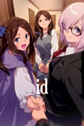 Rule 34 | 3girls, blue eyes, blush, breasts, brown hair, echo (circa), fate/grand order, fate (series), glasses, holding hands, large breasts, leonardo da vinci (fate), leonardo da vinci (fate/grand order), leonardo da vinci (rider) (fate), long hair, long sleeves, looking at viewer, mash kyrielight, multiple girls, open mouth, parted bangs, pink hair, pov, purple eyes, short hair, small breasts, smile
