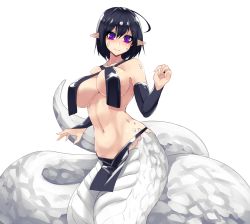 Rule 34 | 1girl, bare shoulders, black gloves, black hair, breast curtains, breasts, bridal gauntlets, collarbone, elbow gloves, gloves, hair between eyes, highres, lamia, large breasts, looking at viewer, monster girl, navel, original, pelvic curtain, pointy ears, purple eyes, scales, short hair, simple background, solo, stomach, sub-res, white background