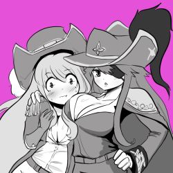 Rule 34 | 2girls, :o, :t, artist request, asymmetrical docking, blush, breast press, breasts, cleavage, closed mouth, collarbone, cowboy hat, cowboy western, crusaders quest, elbow gloves, elbow pads, epaulettes, eyepatch, gloves, greyscale, greyscale with colored background, hand on another&#039;s shoulder, hand on own hip, hat, hat ornament, large breasts, long hair, long sleeves, looking at viewer, mole, mole under eye, monochrome, multiple girls, one eye covered, open mouth, pink background, pirate, simple background, small breasts, sweat, tareme, tsurime, unaligned breasts, upper body