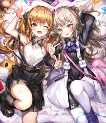 Rule 34 | 2girls, :d, ;d, animal bag, arm up, ascot, bag, bare arms, bed sheet, black dress, black footwear, black skirt, blush, boots, brown eyes, brown hair, collared shirt, commentary, dress, frilled pillow, frills, girls&#039; frontline, grey legwear, handheld game console, knee up, kneehighs, long hair, long sleeves, multiple girls, narae, official alternate costume, one eye closed, one side up, open mouth, pantyhose, pillow, purple ascot, scar, scar across eye, scar on face, shirt, shoes, shoulder bag, skirt, sleeveless, sleeveless shirt, smile, socks, stuffed animal, stuffed toy, suspender skirt, suspenders, teddy bear, teeth, twintails, ump45 (agent lop rabbit) (girls&#039; frontline), ump45 (girls&#039; frontline), ump9 (girls&#039; frontline), ump9 (shiba investigator) (girls&#039; frontline), upper teeth only, very long hair, white legwear, white shirt, white skirt