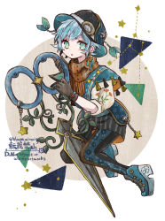 Rule 34 | 1boy, androgynous, bloomminority, blue eyes, blue hair, cancer (constellation), constellation, fantasy, full body, gloves, grey background, hat, highres, long sleeves, looking at viewer, male focus, multicolored background, original, parted lips, scissors, solo, star (symbol), white background