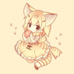 Rule 34 | 10s, 1girl, :o, animal ears, bad id, bad pixiv id, bare shoulders, black ribbon, blonde hair, blouse, blush, bow, bowtie, brown eyes, cat ears, cat girl, cat tail, chibi, elbow gloves, eyelashes, food, frilled skirt, frills, full body, gloves, holding, holding food, japari bun, japari symbol, kemono friends, konno (pixiv 23416142), looking at viewer, multicolored hair, no nose, open mouth, orange background, outline, paw print, pink background, ribbon, sand cat (kemono friends), shirt, short hair, simple background, skirt, sleeveless, sleeveless shirt, solo, streaked hair, striped tail, tail, triangle mouth, white shirt